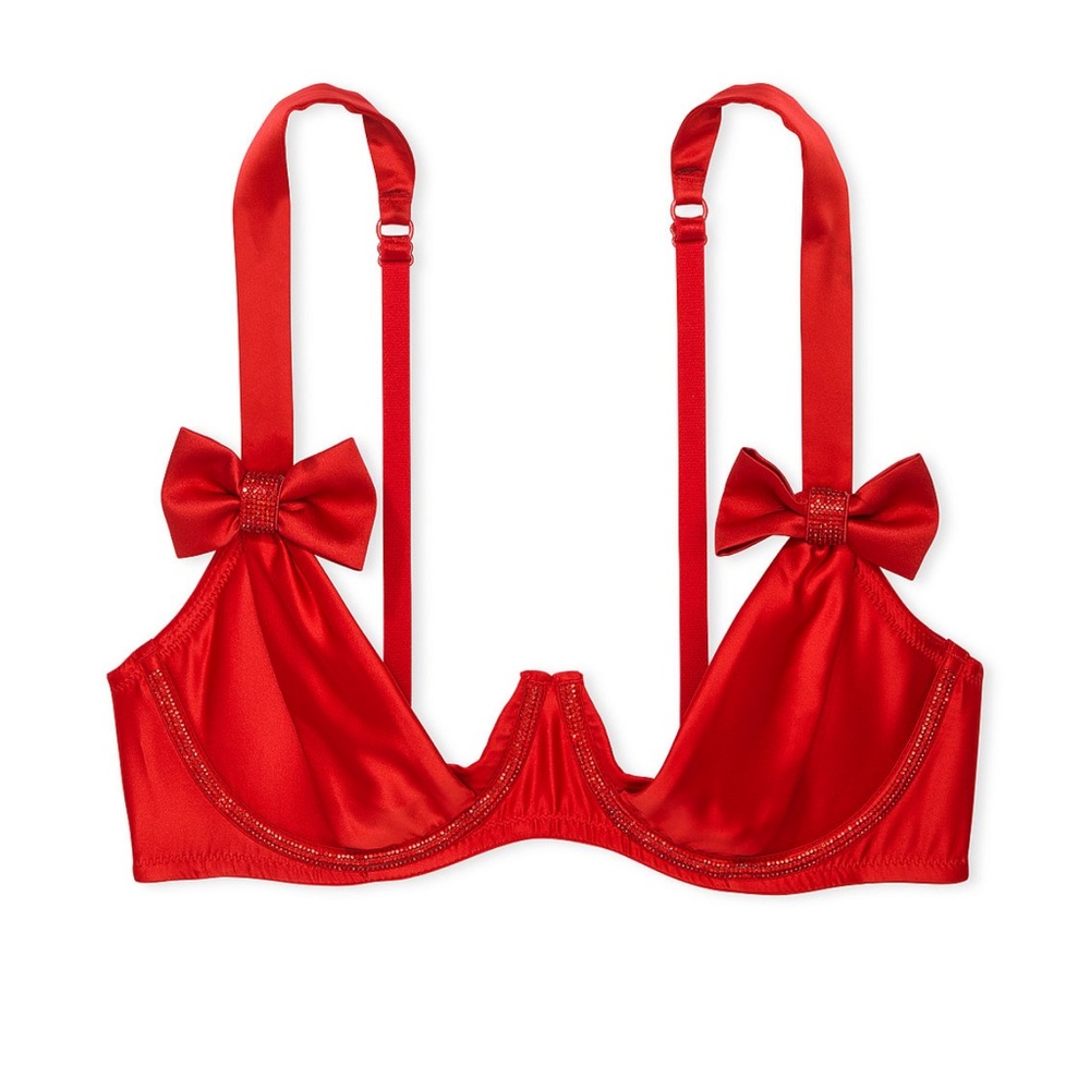 Victoria’s Secret Peekaboo Unlined Shine Balconette Red Satin Bra with Bows